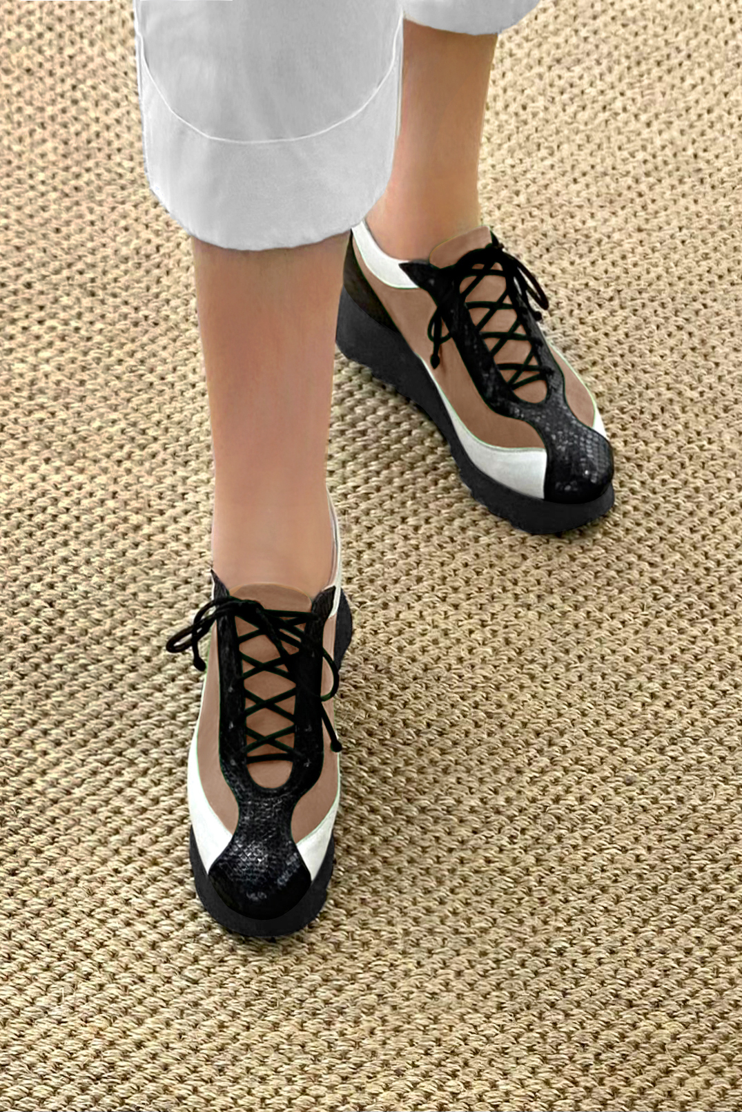 Satin black, biscuit beige and off white women's elegant sneakers. Round toe. Low rubber soles. Worn view - Florence KOOIJMAN